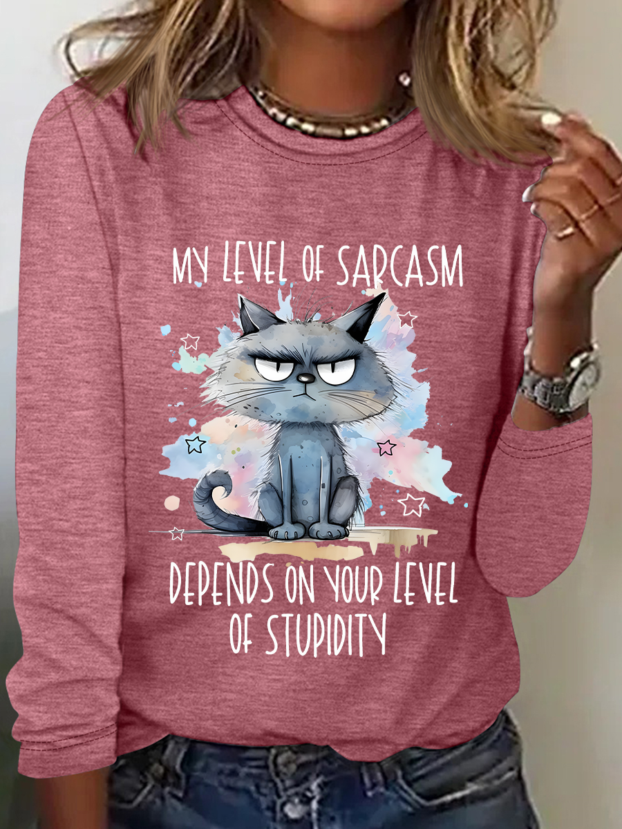 My Level Of Sarcasm Angry Cat Casual Long Sleeve Shirt