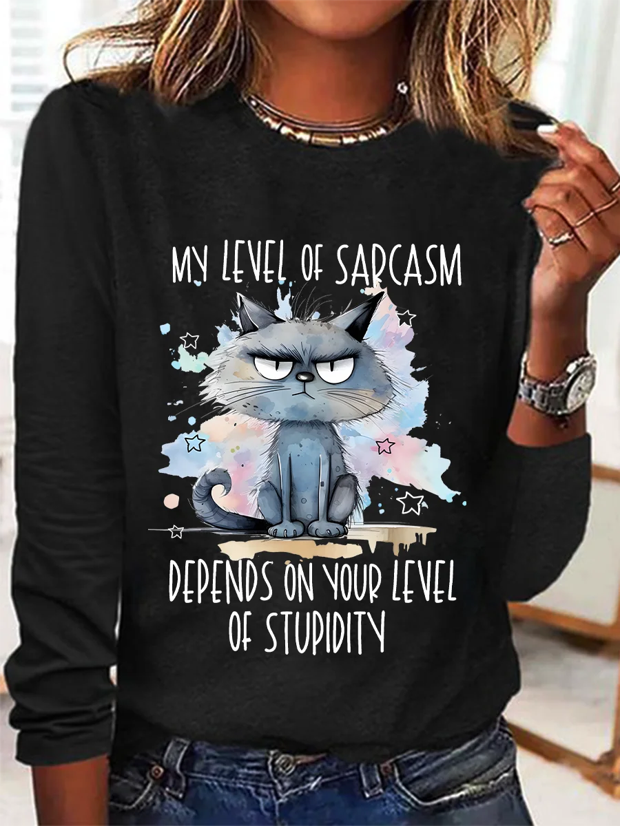 My Level Of Sarcasm Angry Cat Casual Long Sleeve Shirt