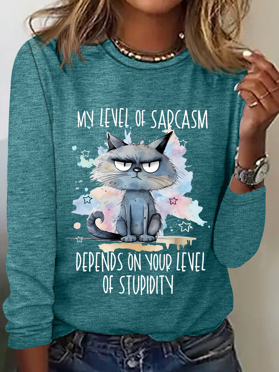 My Level Of Sarcasm Angry Cat Casual Long Sleeve Shirt