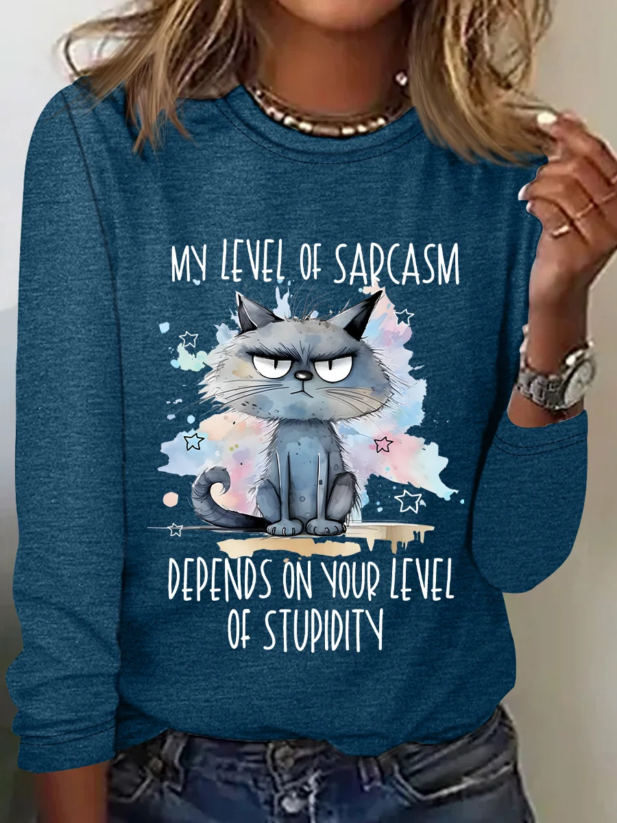 My Level Of Sarcasm Angry Cat Casual Long Sleeve Shirt