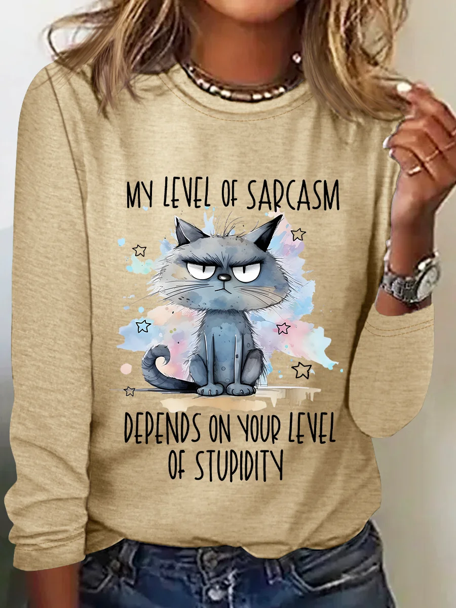 My Level Of Sarcasm Angry Cat Casual Long Sleeve Shirt