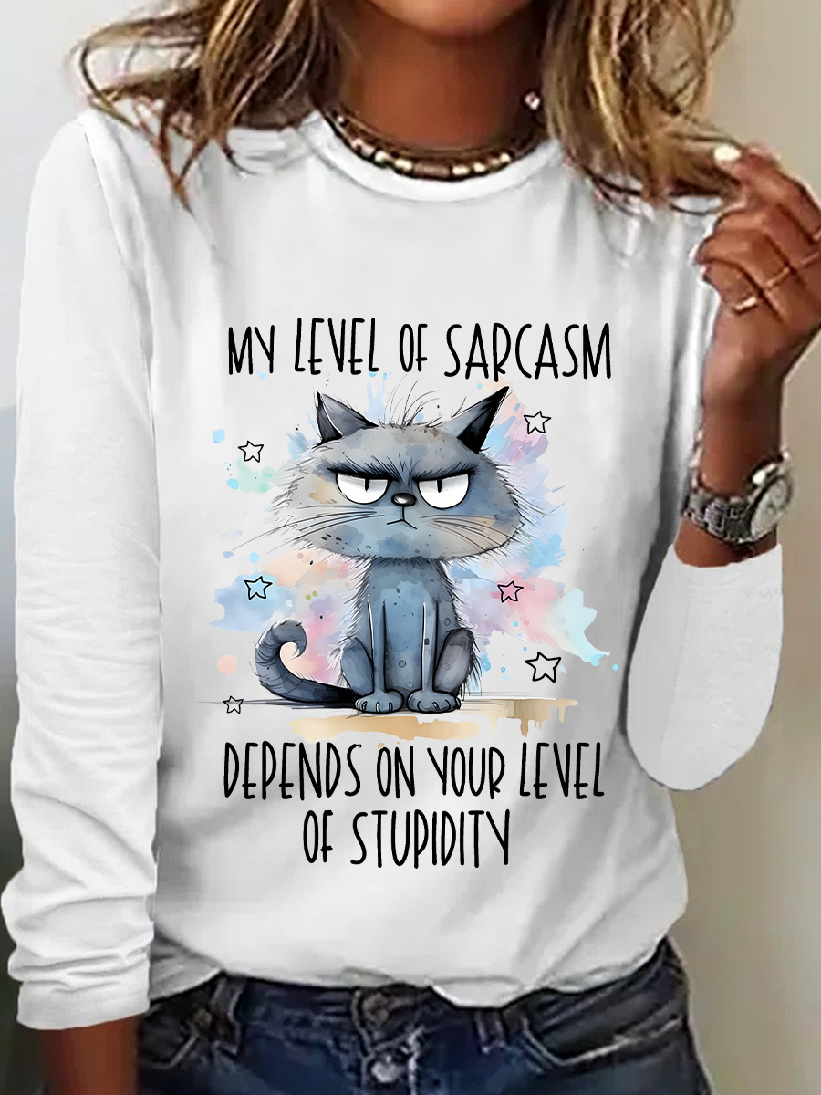 My Level Of Sarcasm Angry Cat Casual Long Sleeve Shirt