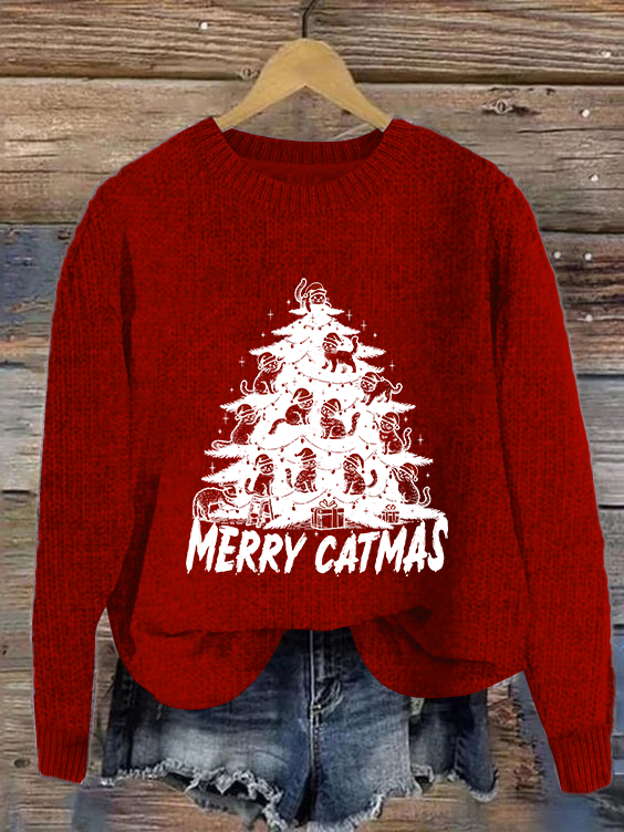 Funny Christmas Cat Tree Casual Crew Neck Sweater