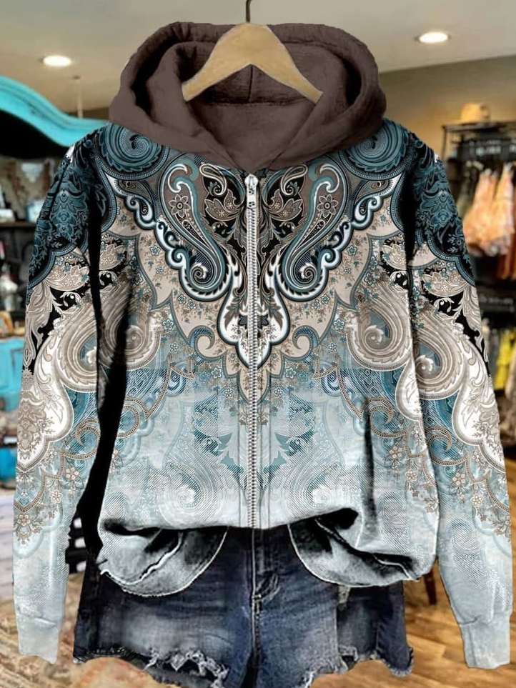 Women's Paisley Print Casual Zipper Sweatshirt Hoodie