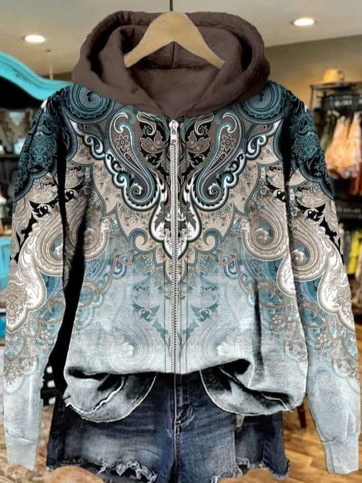 Women's Paisley Print Casual Zipper Sweatshirt Hoodie