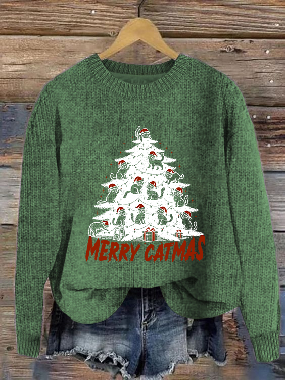 Funny Christmas Cat Tree Casual Crew Neck Sweater