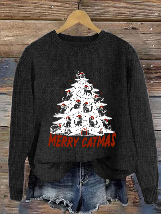 Funny Christmas Cat Tree Casual Crew Neck Sweater