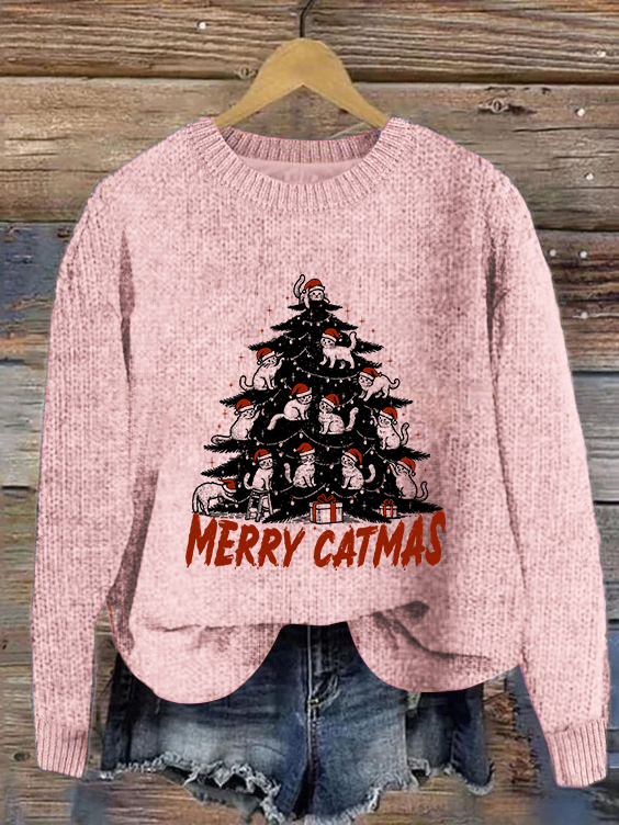 Funny Christmas Cat Tree Casual Crew Neck Sweater