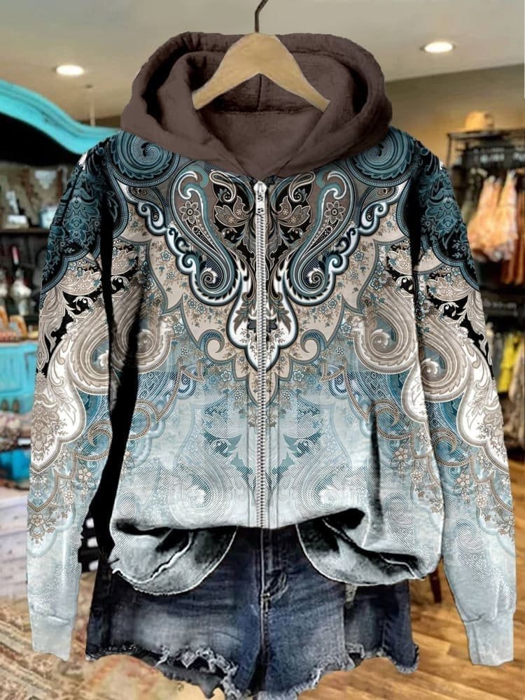 Women's Paisley Print Casual Zipper Sweatshirt Hoodie