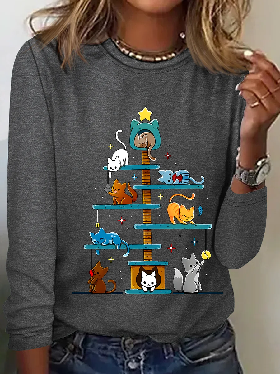 Christmas House Tree Cats Casual Long Sleeve Shirt