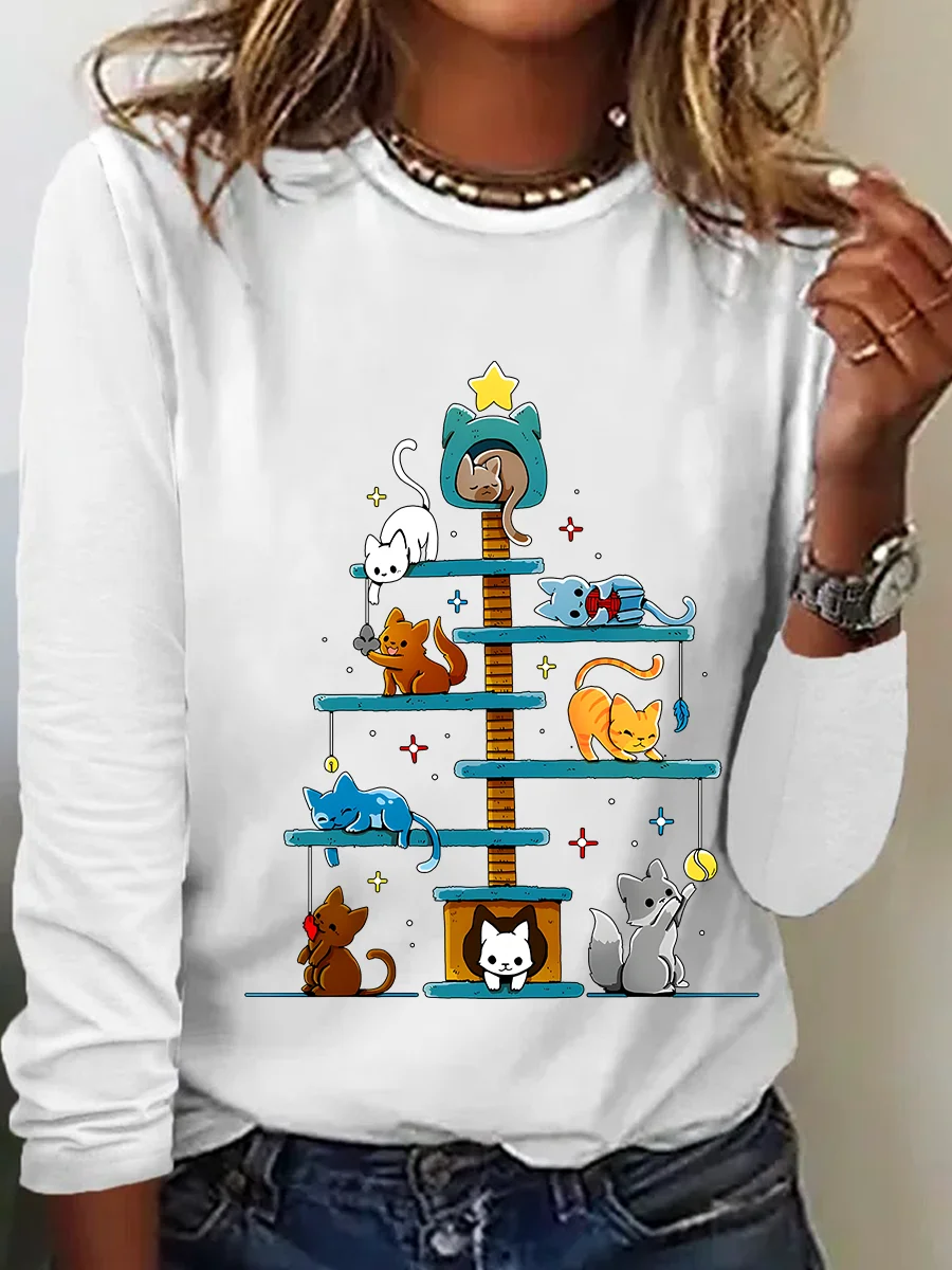 Christmas House Tree Cats Casual Long Sleeve Shirt