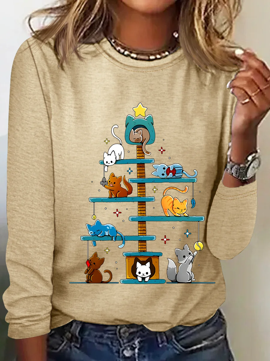 Christmas House Tree Cats Casual Long Sleeve Shirt