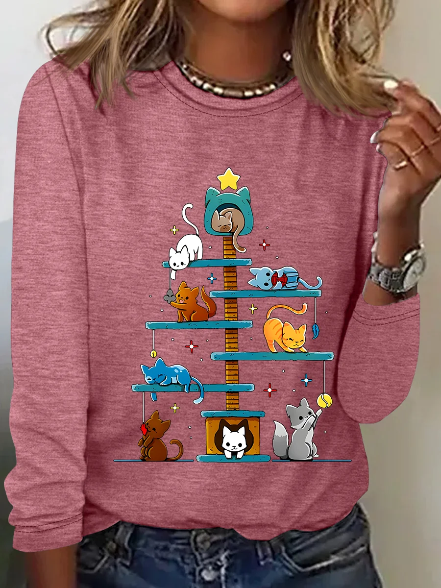 Christmas House Tree Cats Casual Long Sleeve Shirt