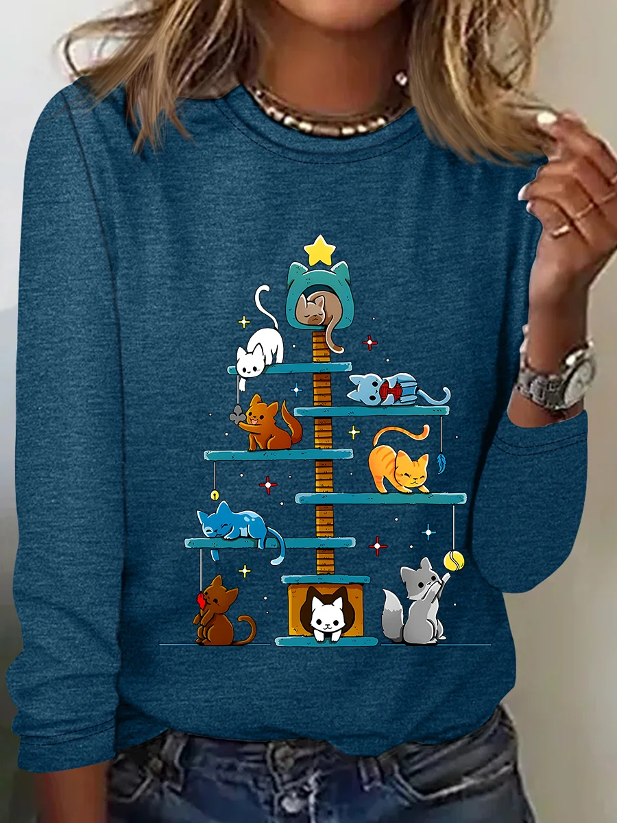 Christmas House Tree Cats Casual Long Sleeve Shirt