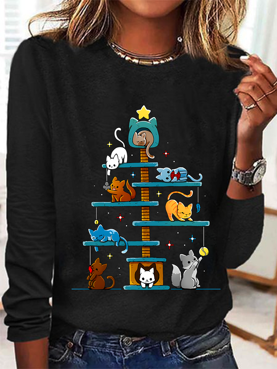 Christmas House Tree Cats Casual Long Sleeve Shirt