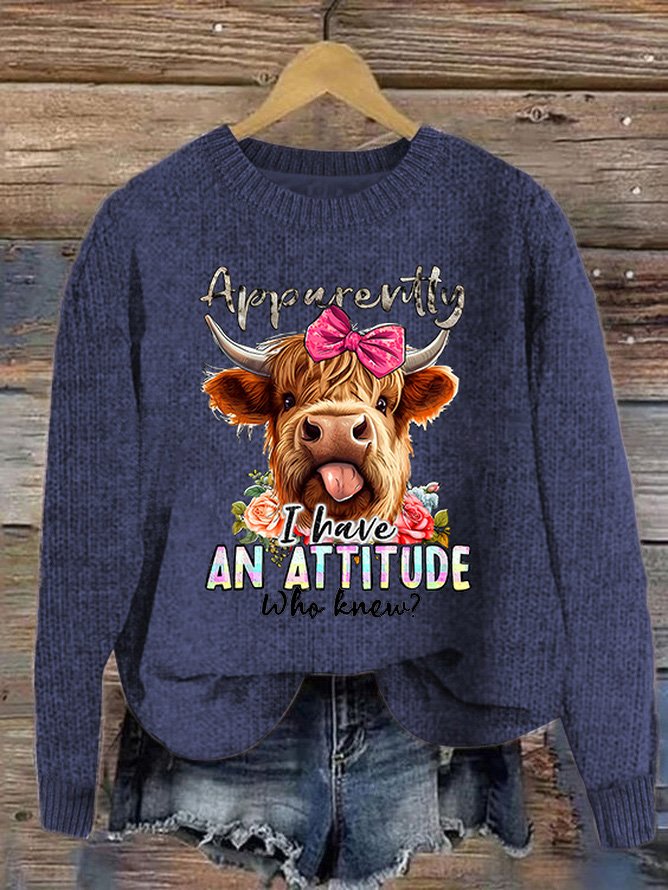 Women's Cute Highland Cow Print Knitted Crew Neck Sweater