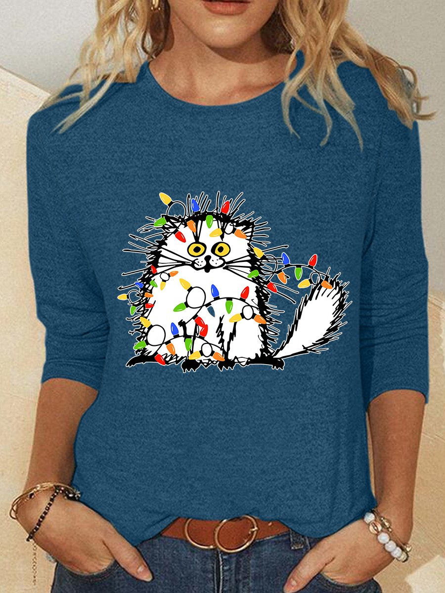 Christmas Cat Casual Long Sleeve Shirt