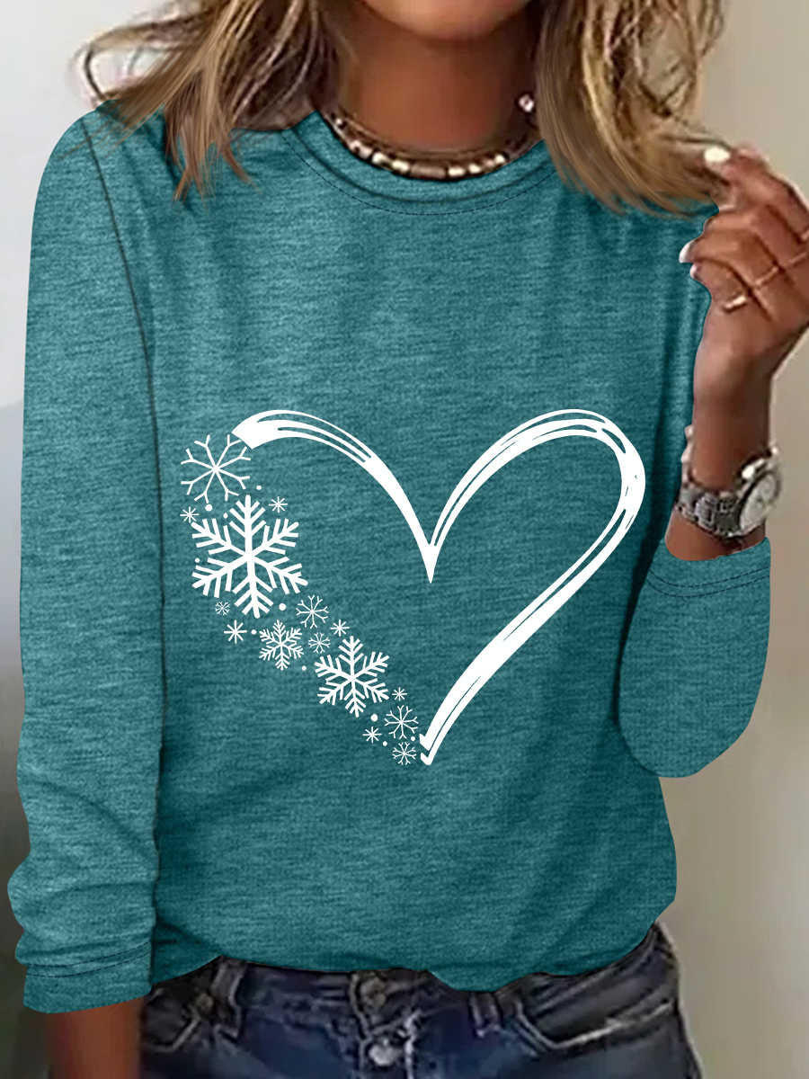 Snowflake Heart Christmas Casual Long Sleeve Shirt