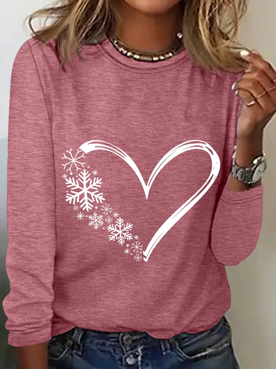 Snowflake Heart Christmas Casual Long Sleeve Shirt