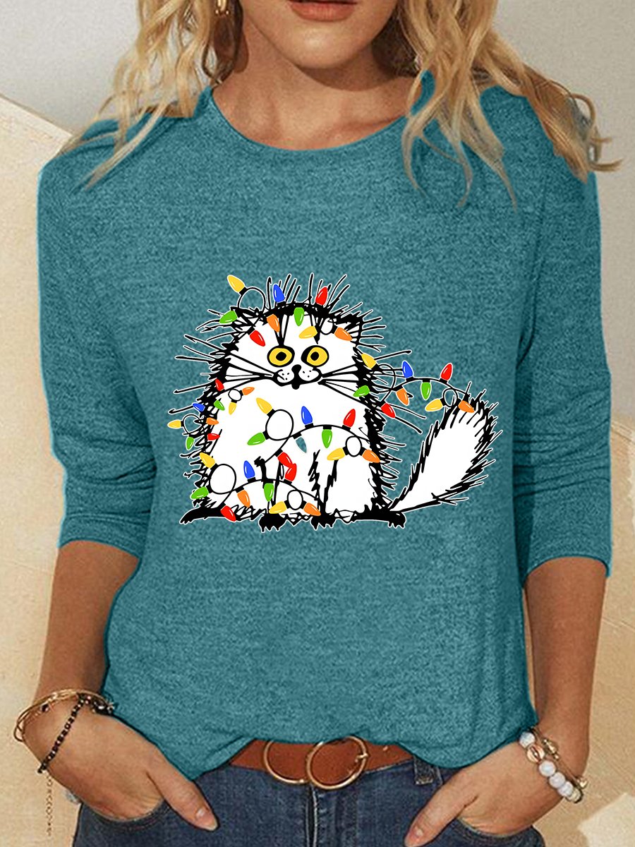 Christmas Cat Casual Long Sleeve Shirt