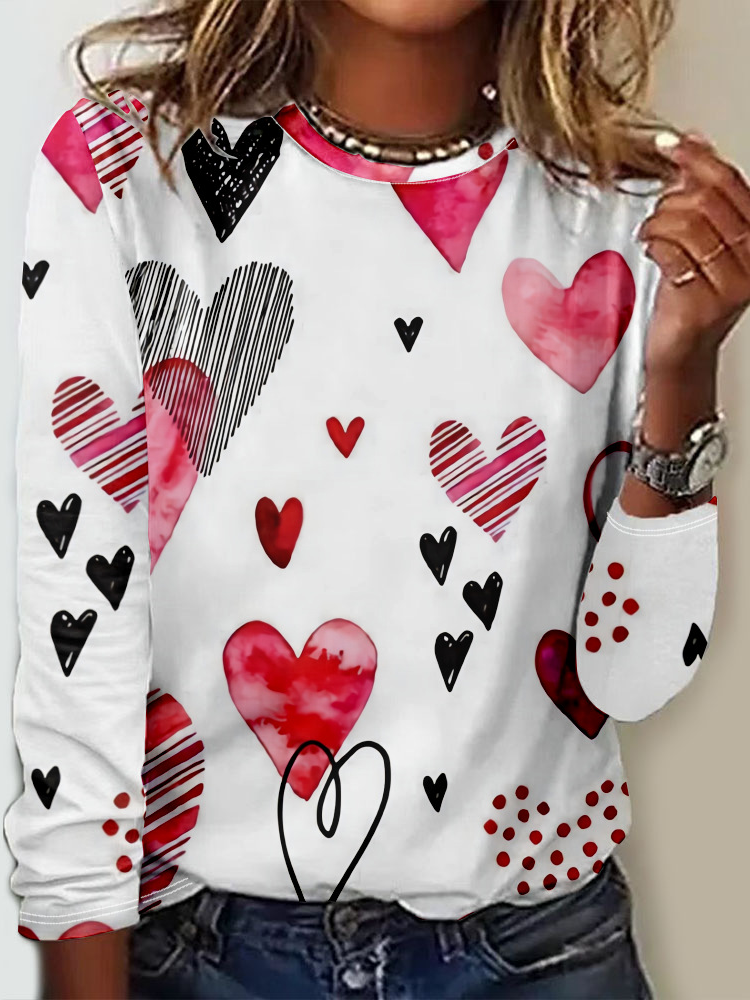 Casual Crew Neck Heart/Cordate T-Shirt