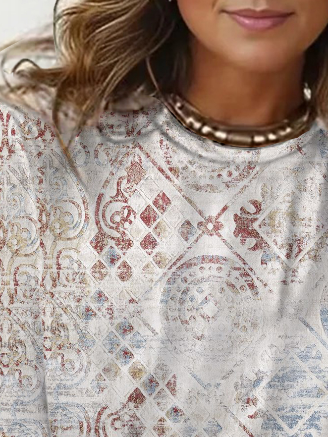 Ethnic Print Long Sleeve Crew Neck T-shirt