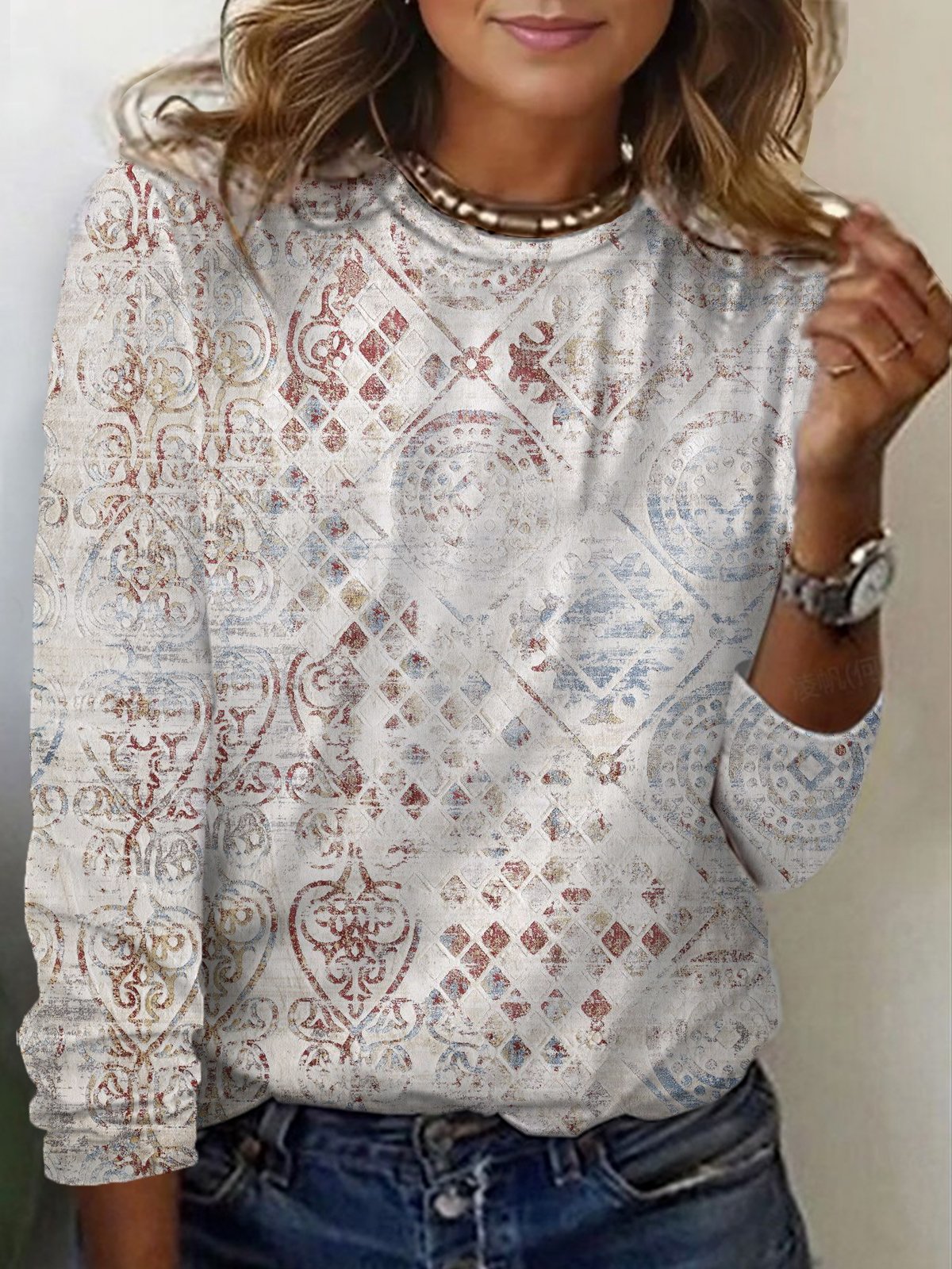 Ethnic Print Long Sleeve Crew Neck T-shirt