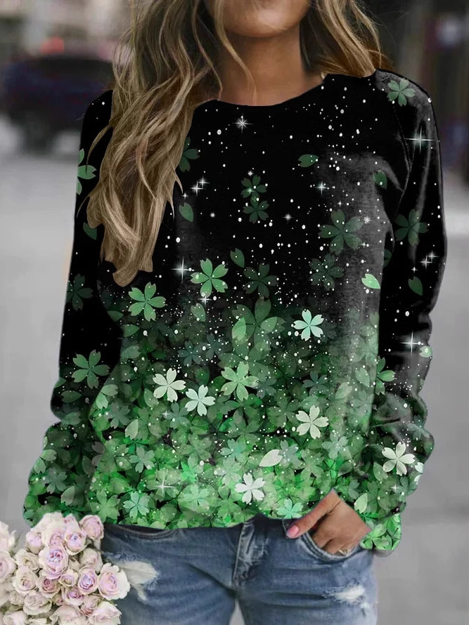 Four-Leaf Clover Loose Crew Neck Casual Sweatshirt