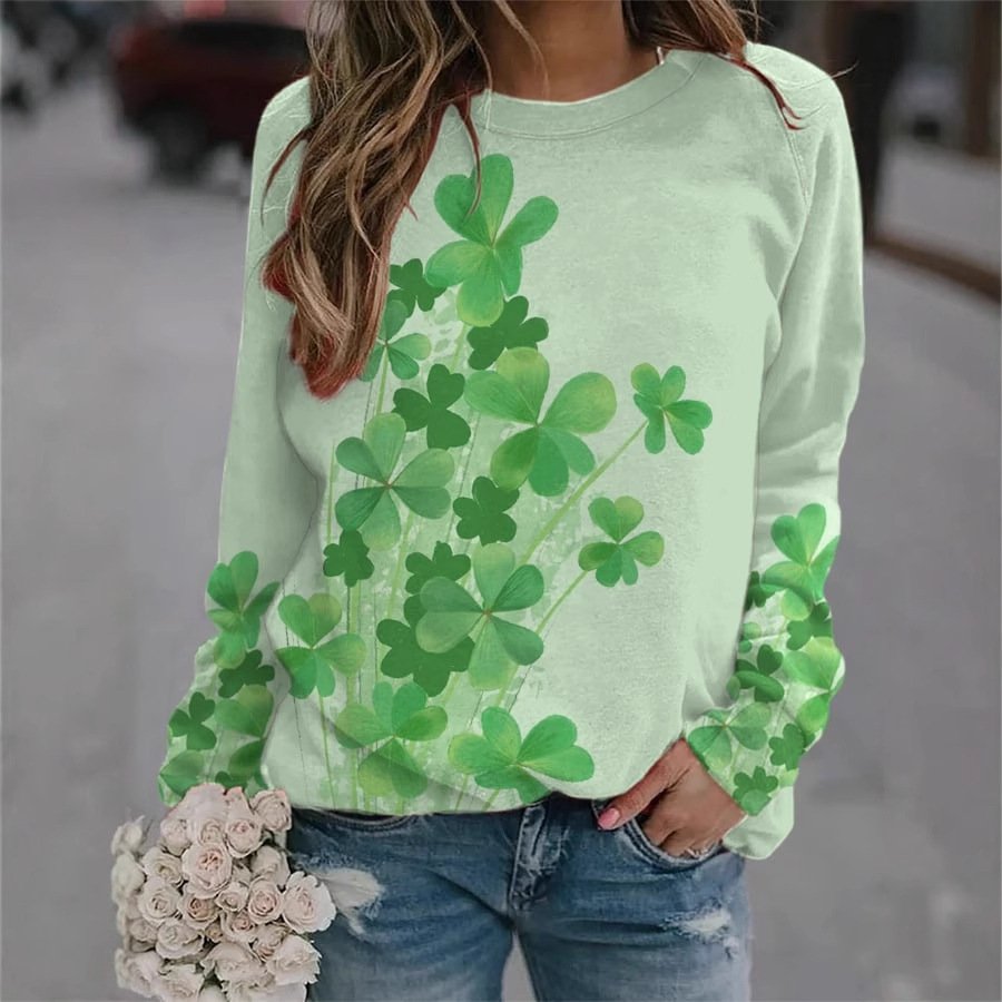 Four-Leaf Clover Loose Crew Neck Casual Sweatshirt