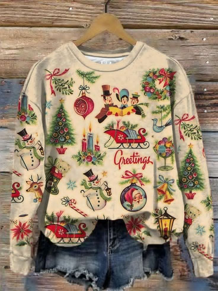 Women's Christmas Art Print Crew Neck Sweatshirt