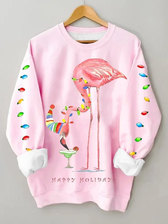 Women's Christmas Flamingo Print Crew Neck Sweatshirt