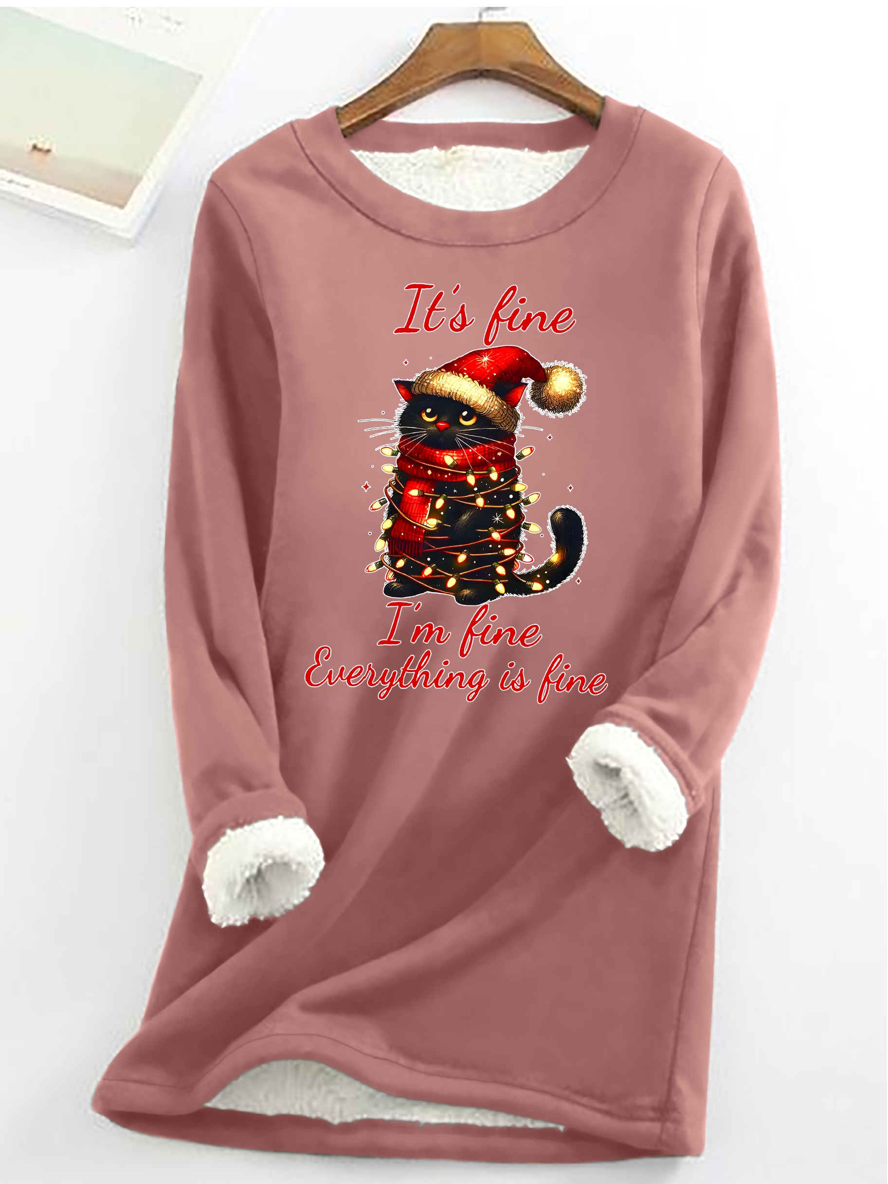 It's Fine I'm Fine Everything Is Fine Cat Christmas Funny Casual Fluff Fleece Fabric Sweatshirt