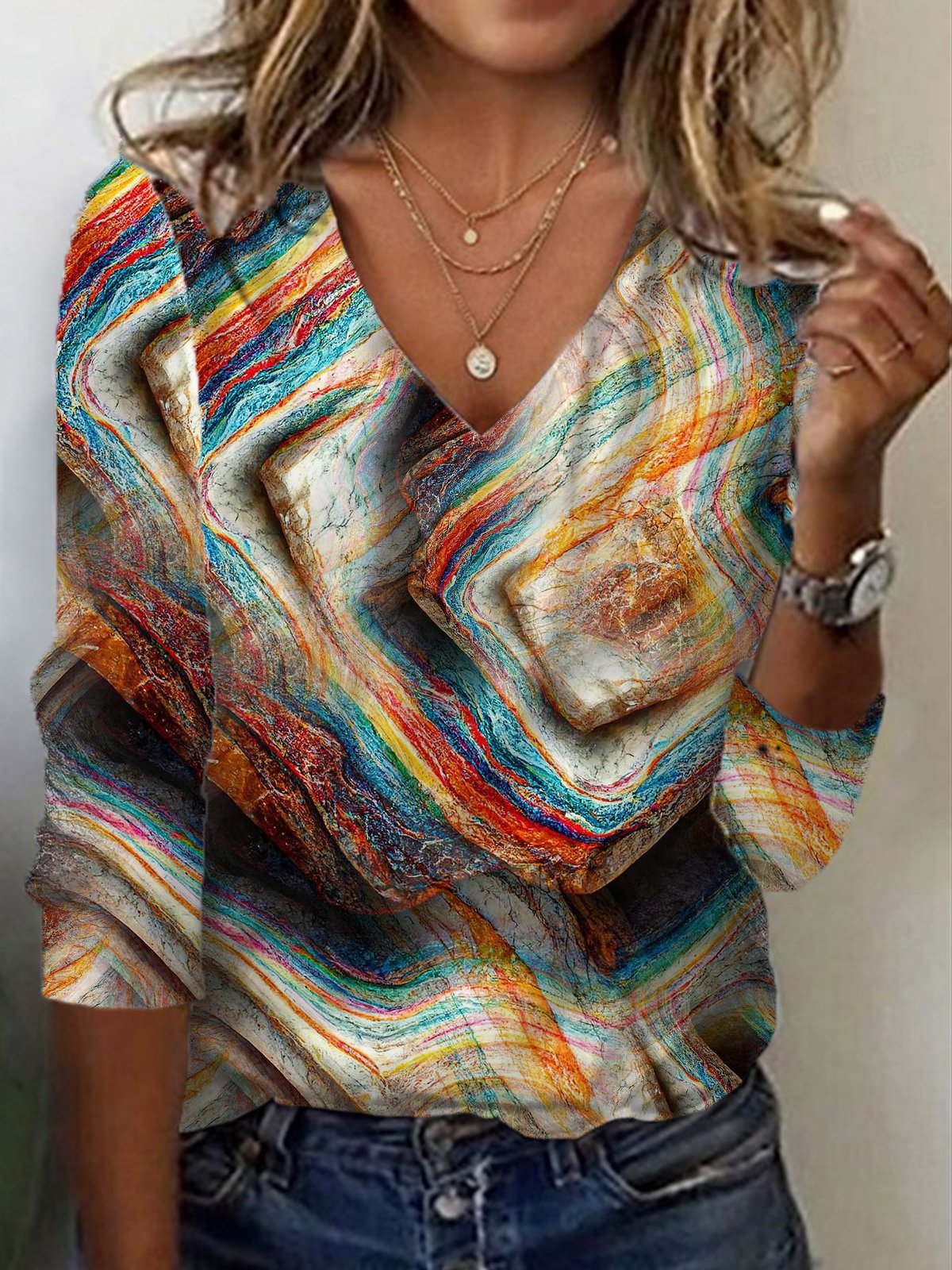 Abstract Print Long Sleeve V-Neck T-shirt