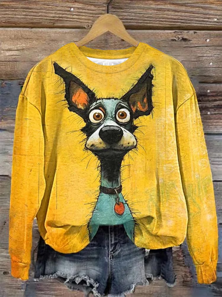 Women's Cute Art Dog Print Crew Neck Sweatshirt