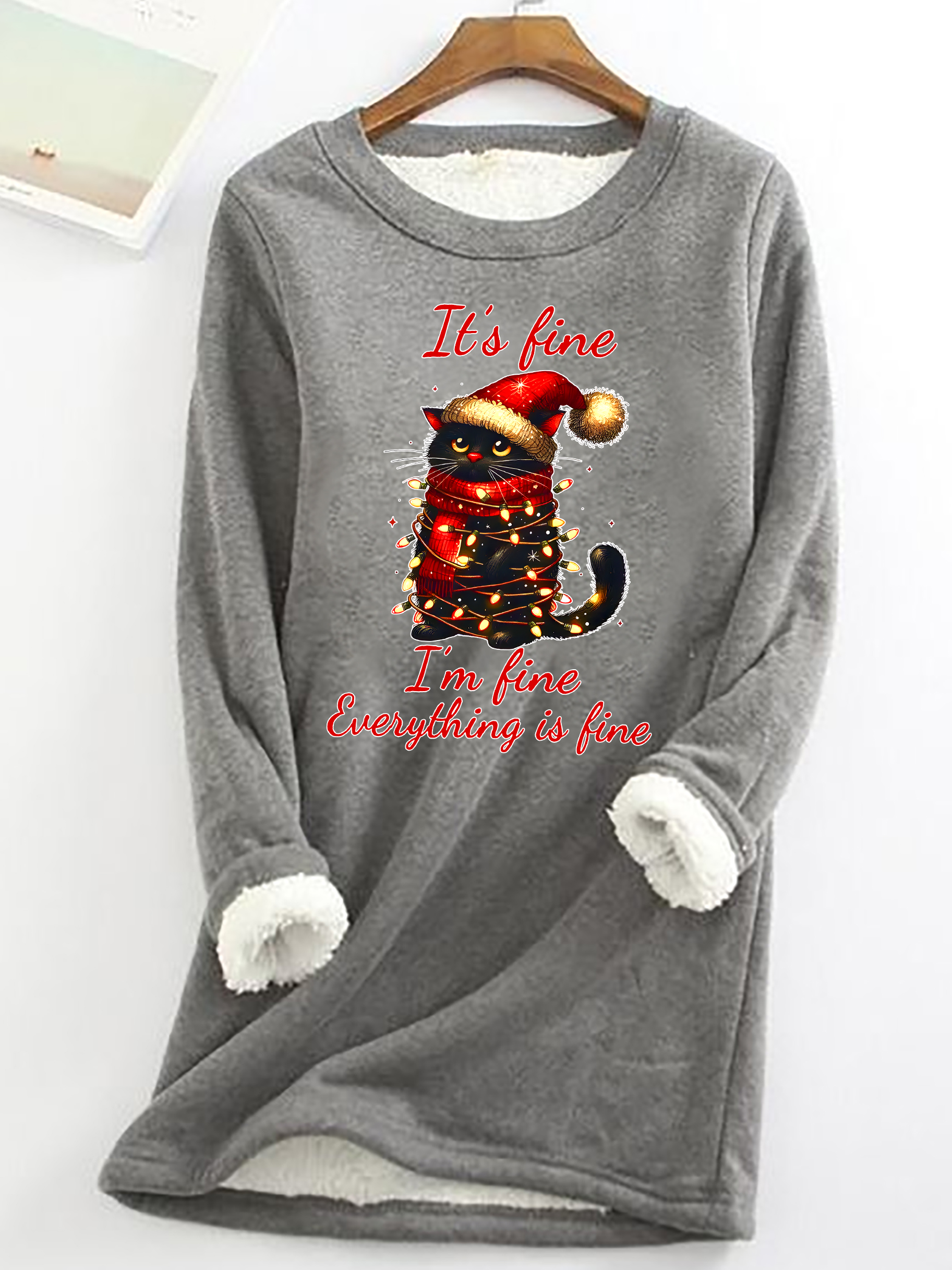 It's Fine I'm Fine Everything Is Fine Cat Christmas Funny Casual Fluff Fleece Fabric Sweatshirt