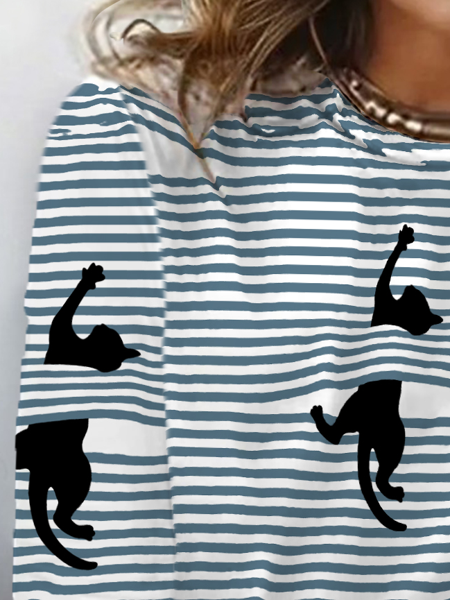 Striped Cat Print Long Sleeve Crew Neck T-shirt