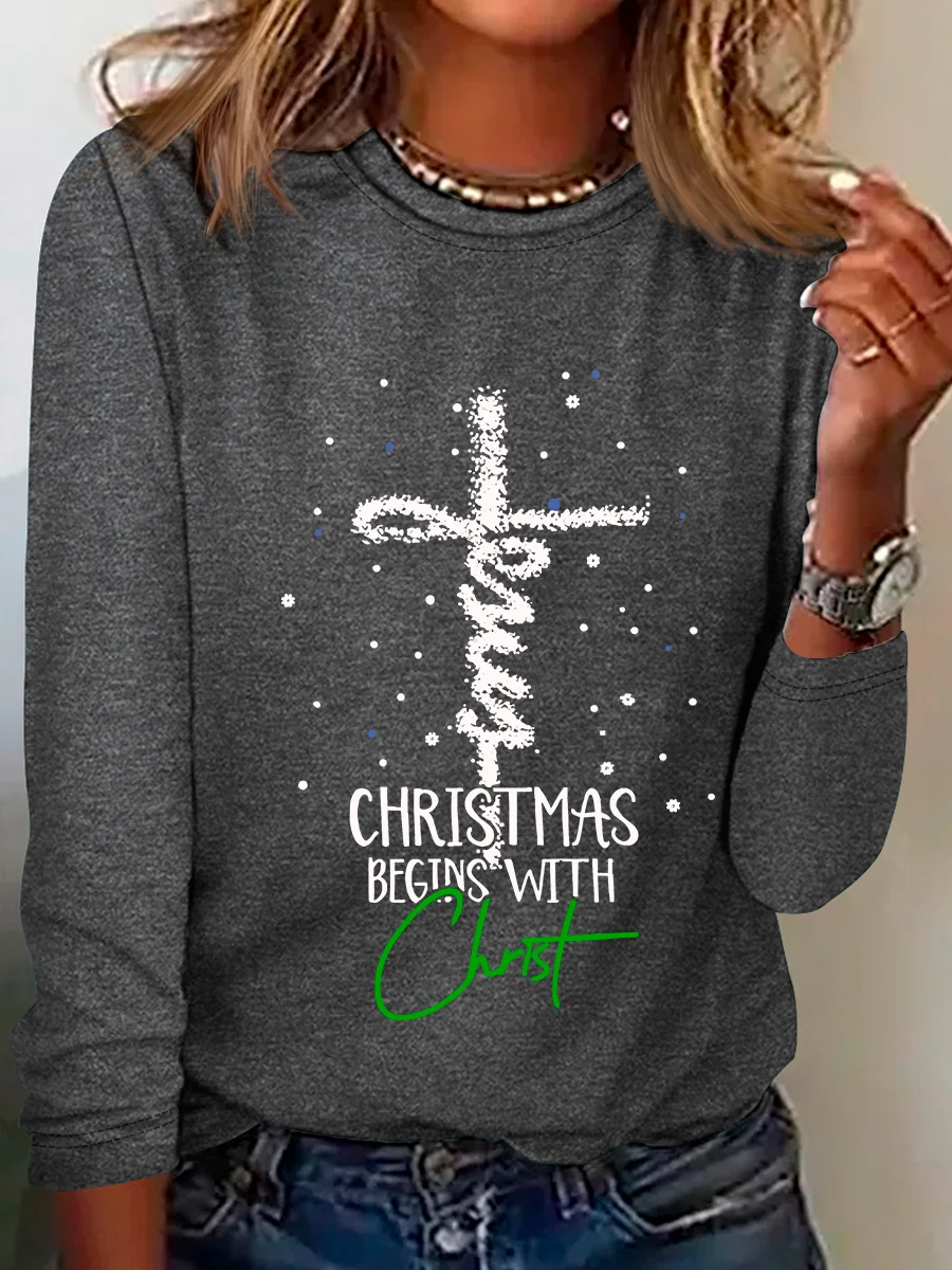 Christmas Begins With Christ Snowman Print Casual Long Sleeve Shirt