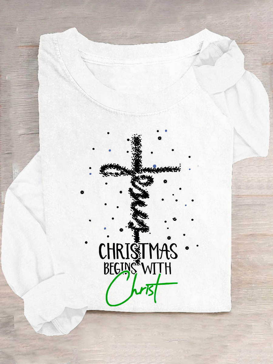 Christmas Begins With Christ Snowman Print Casual Long Sleeve Shirt