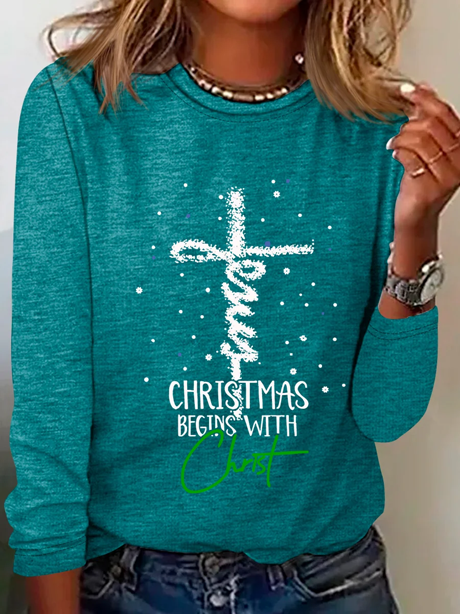 Christmas Begins With Christ Snowman Print Casual Long Sleeve Shirt