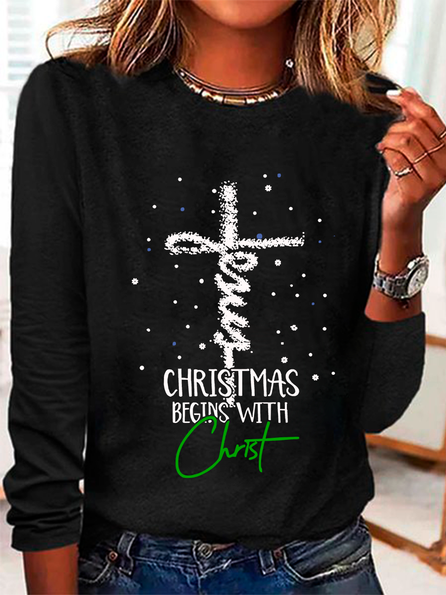 Christmas Begins With Christ Snowman Print Casual Long Sleeve Shirt