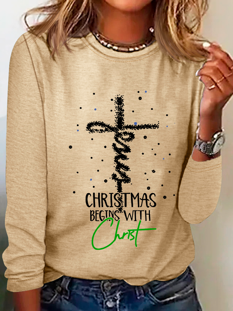 Christmas Begins With Christ Snowman Print Casual Long Sleeve Shirt