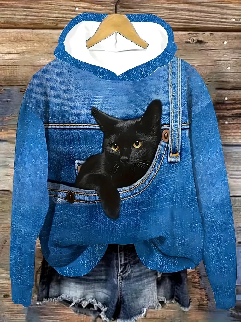 Women's Cowboy Pocket Cat With Braces Print Casual Sweatshirt Hoodie