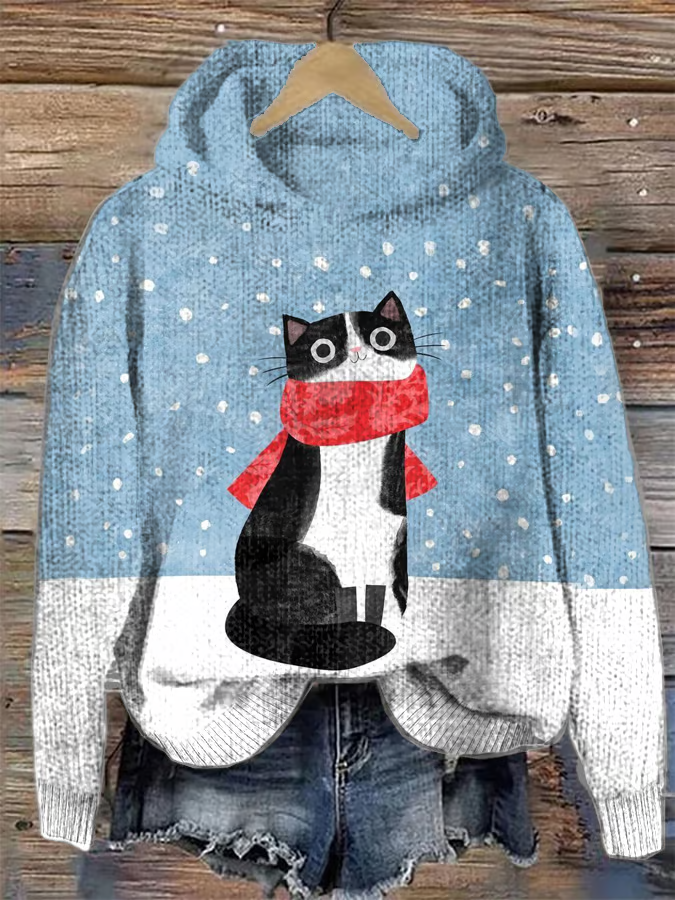 Women's Knitted Christmas Cat Print Hoodie