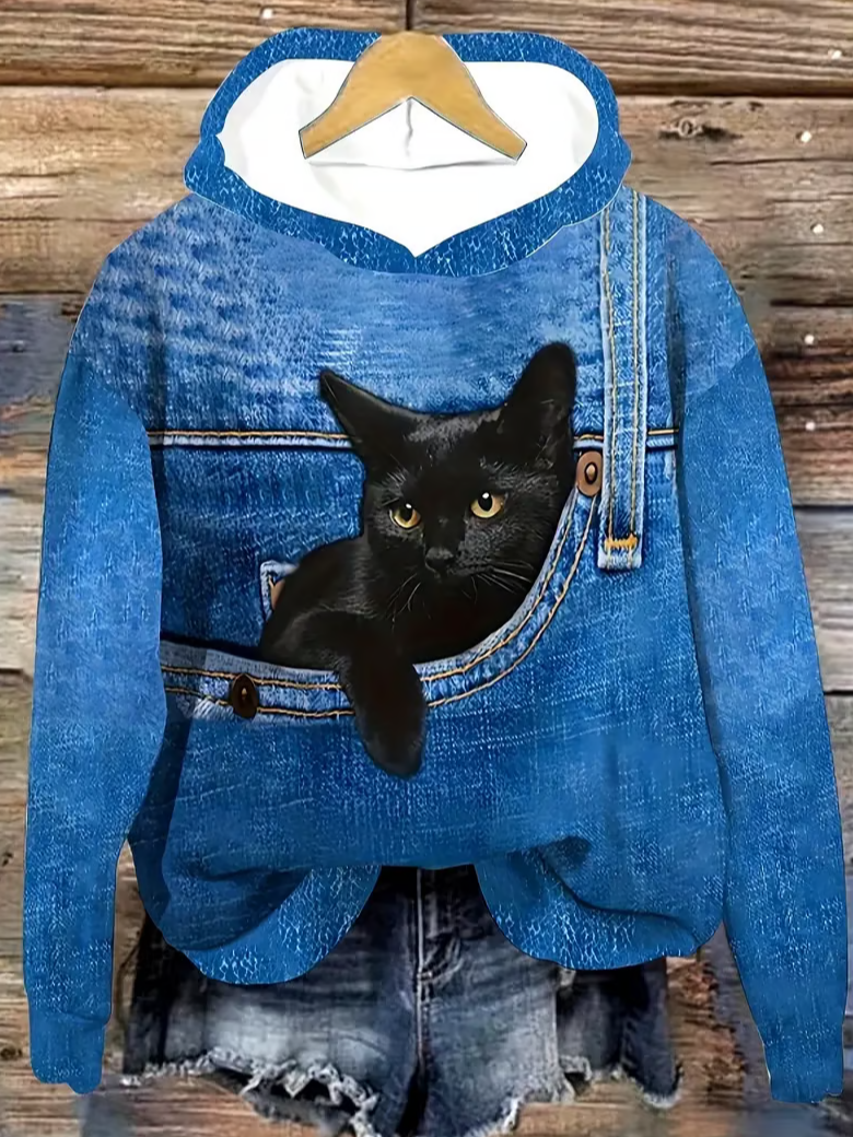 Women's Cowboy Pocket Cat With Braces Print Casual Sweatshirt Hoodie