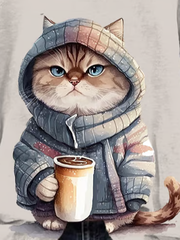 Women's Winter Funny Cute Wonderland Clothing Clipart Cat Coffee Printed Hooded Sweatshirt