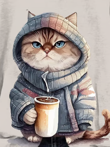 Women's Winter Funny Cute Wonderland Clothing Clipart Cat Coffee Printed Hooded Sweatshirt