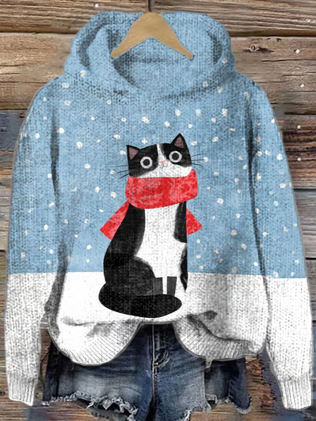 Women's Knitted Christmas Cat Print Hoodie