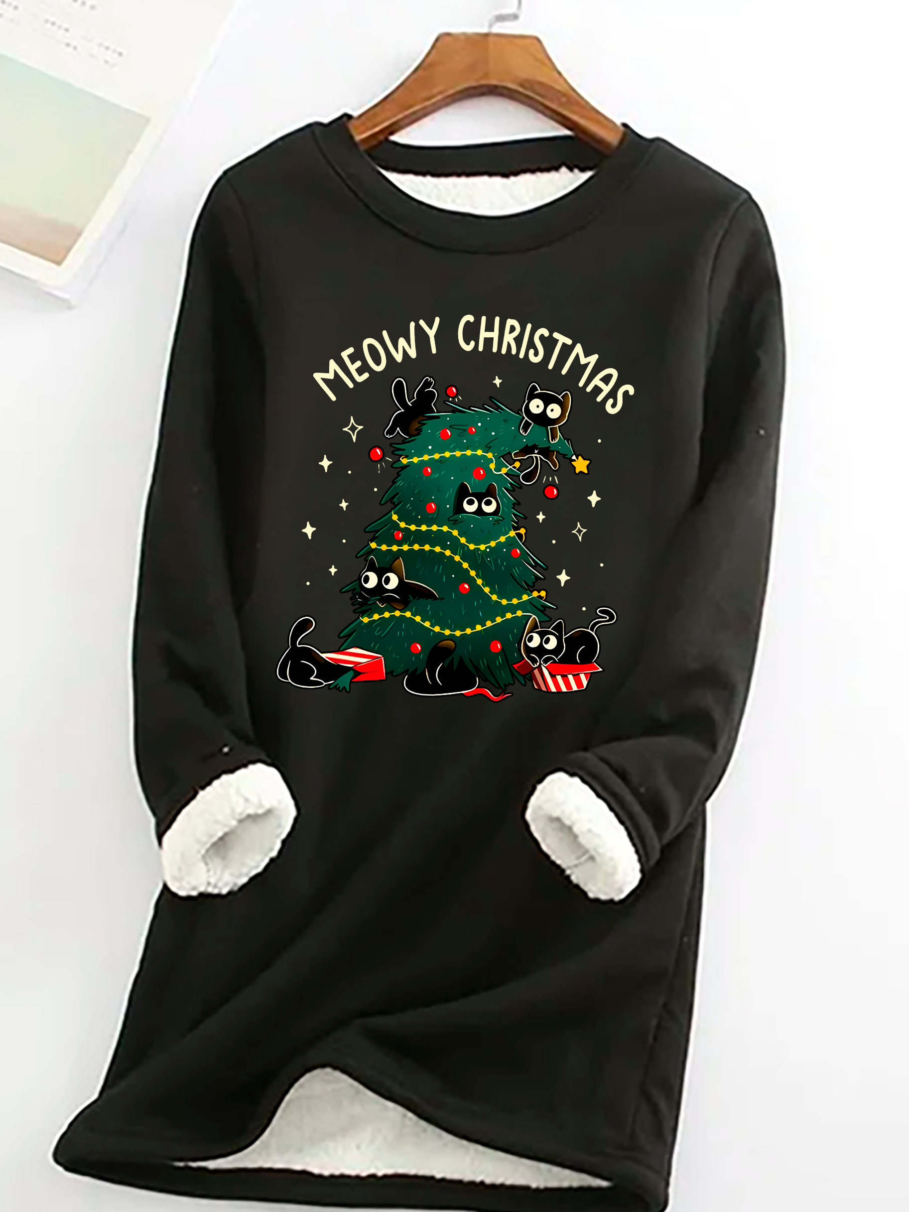 Meowy Christmas Funny Cats Casual Fluff Fleece Fabric Sweatshirt