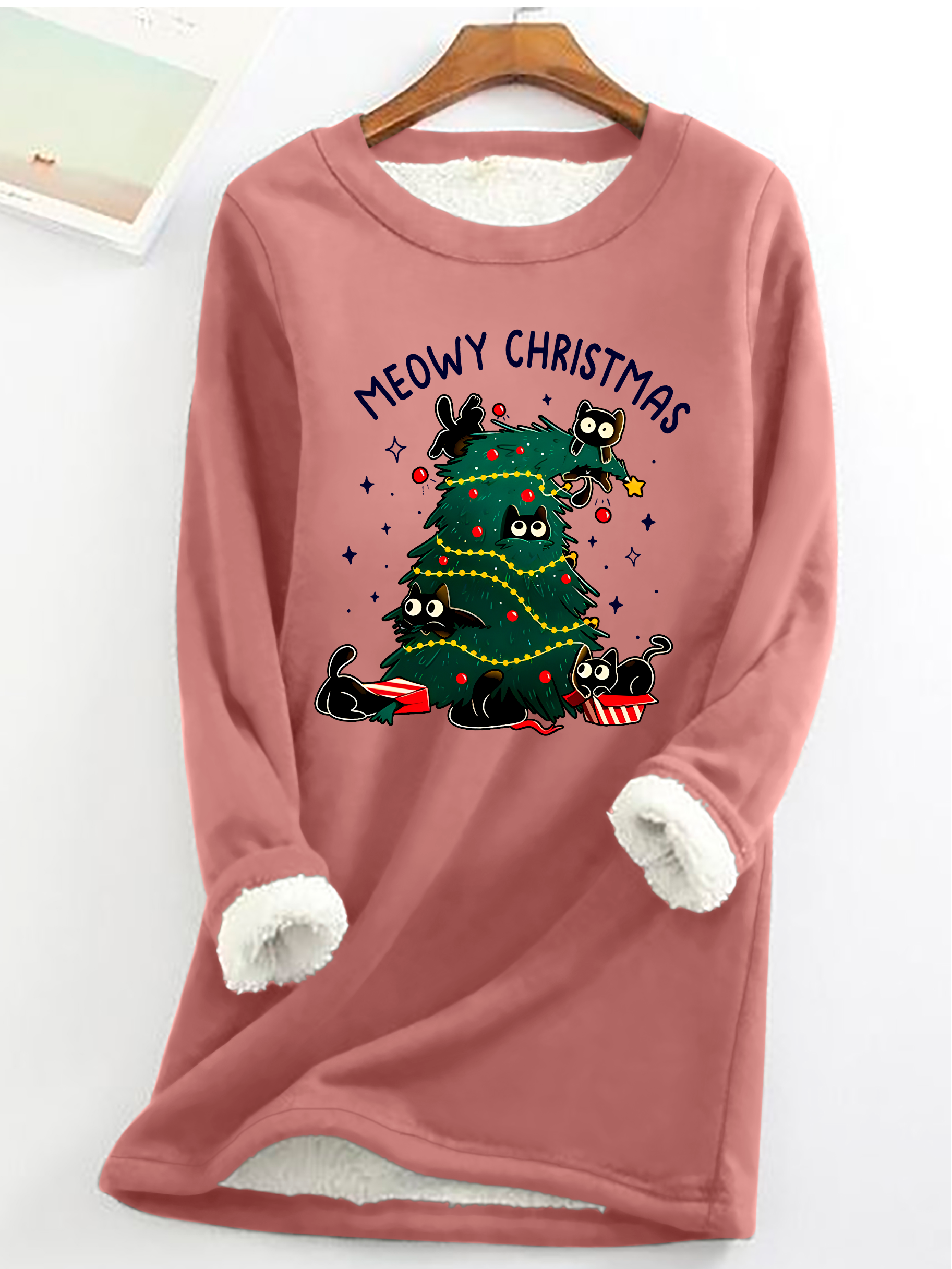 Meowy Christmas Funny Cats Casual Fluff Fleece Fabric Sweatshirt