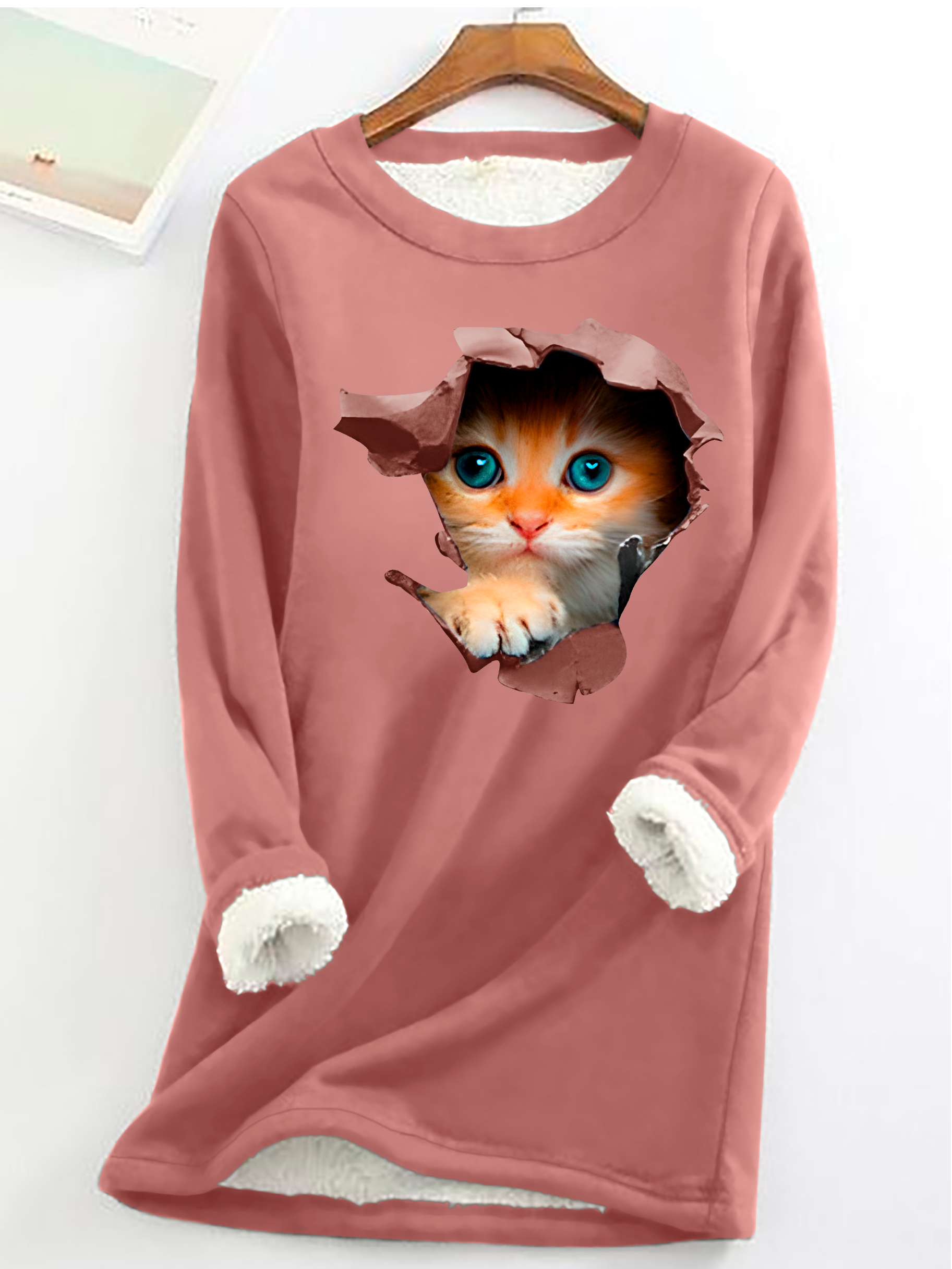 Cute Cat Casual Fluff Fleece Fabric Sweatshirt